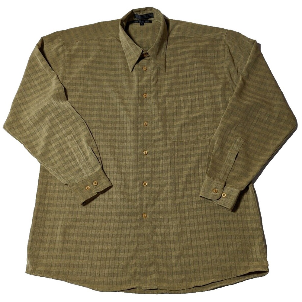 VTG DOMANI‎ PLATINUM MICROFIBER Men Large (15-15 1/2) Green Plaid Shirt EUC